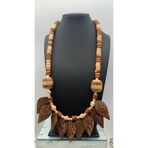 Vintage Boho Tribal 22” Wooden Beads Necklace Carved Leaves Coconut Shells